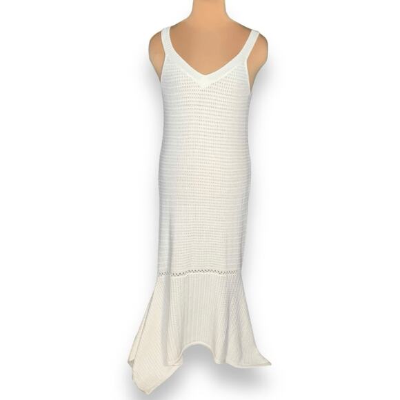 Scoop White Knit High-Low Mermaid Hem Flowy Dress Crochet Cutout Detail Maxi - Picture 2 of 9